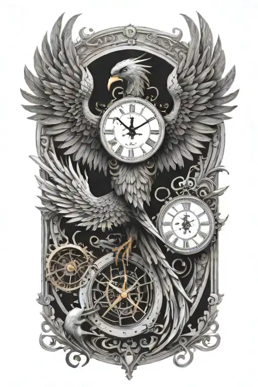 A strong terrifying phoenix made of intricate clock hands and timepieces, symbolizing rebirth and eternity tattoo design idea