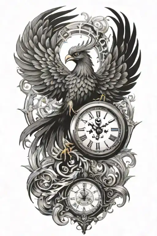 A strong terrifying phoenix made of intricate clock hands, fire and timepieces, symbolizing rebirth and eternity tattoo design idea