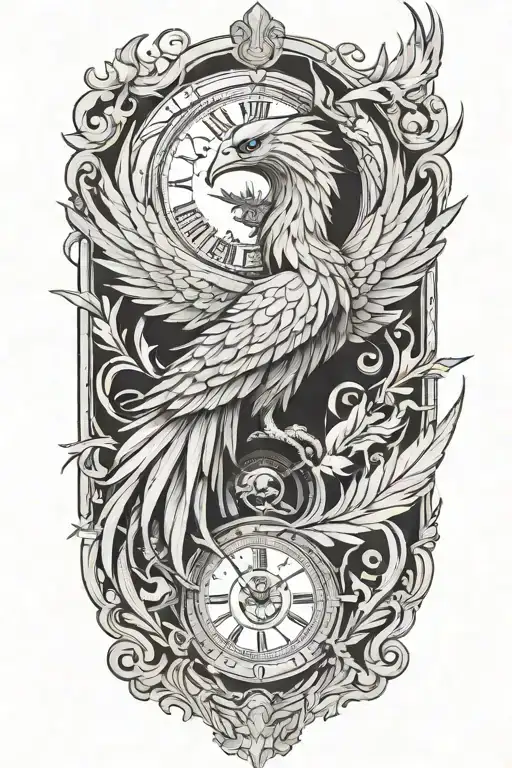 A phoenix made of intricate clock hands and timepieces, symbolizing rebirth and eternity tattoo design idea