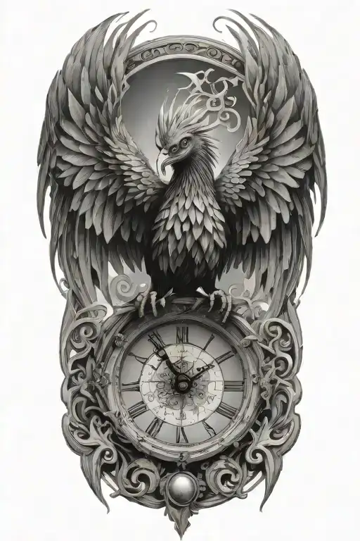 A strong terrifying phoenix made of intricate clock hands, fire and timepieces, symbolizing rebirth and eternity tattoo design idea