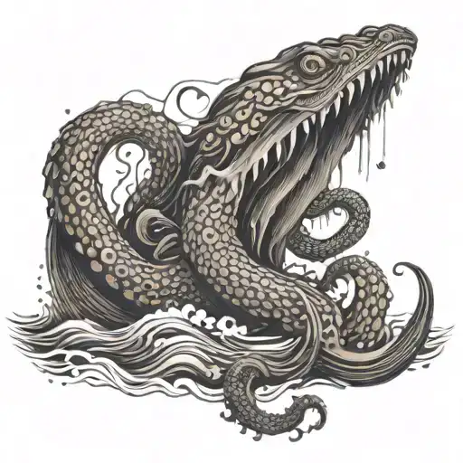 Create a tattoo of a Kraken emerging from the ocean waves, symbolizing strength and overcoming challenges tattoo design idea