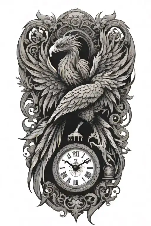 A strong terrifying phoenix made of intricate clock hands, fire and timepieces, symbolizing rebirth and eternity tattoo design idea