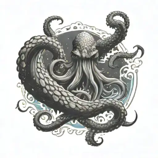 Create a tattoo of a Kraken emerging from the ocean waves, symbolizing strength and overcoming challenges tattoo design idea