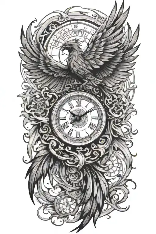 A phoenix made of intricate clock hands and timepieces, symbolizing rebirth and eternity tattoo design idea