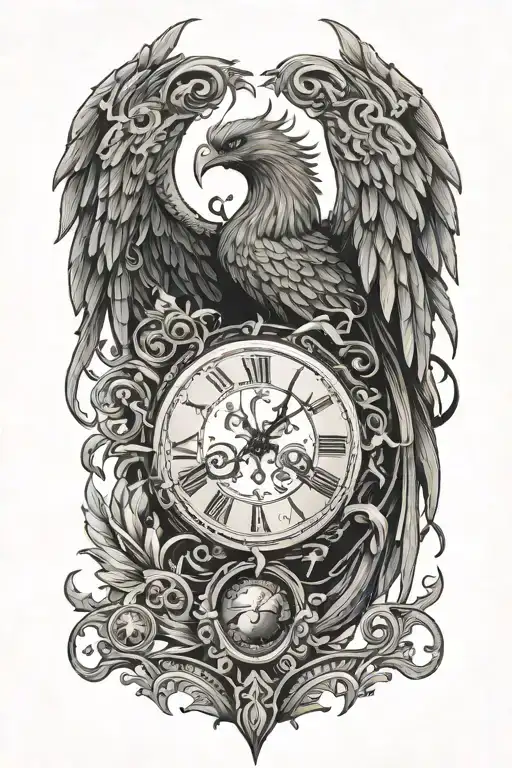 A a terrifying phoenix nix made of intricate clock hands and timepieces, symbolizing rebirth and eternity tattoo design idea