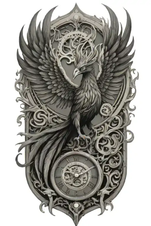 A strong terrifying phoenix made of intricate clock hands, fire and timepieces, symbolizing rebirth and eternity tattoo design idea