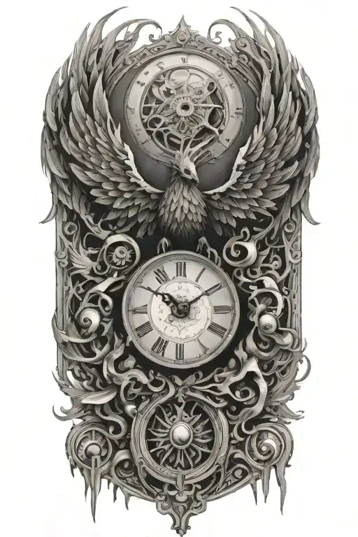 A strong terrifying phoenix made of intricate clock hands and timepieces, symbolizing rebirth and eternity tattoo design idea