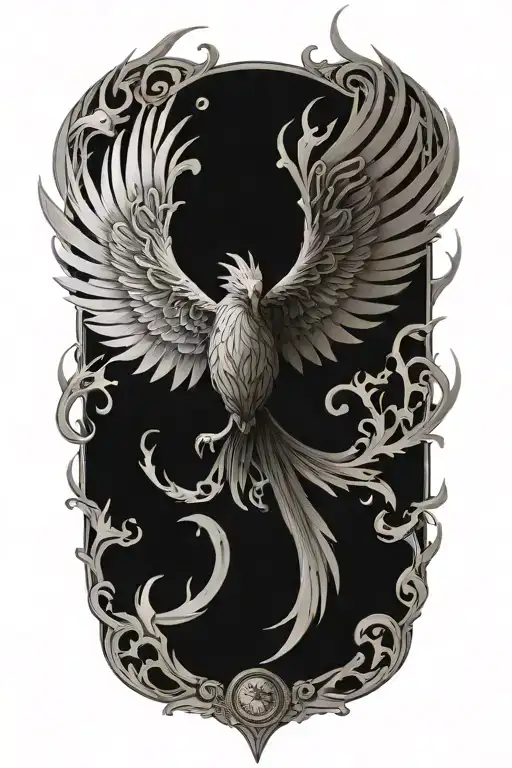 A strong terrifying phoenix made of intricate clock hands, fire and timepieces, symbolizing rebirth and eternity tattoo design idea