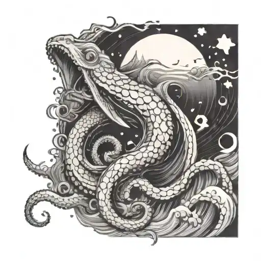 Create a tattoo of a Kraken emerging from the ocean waves, symbolizing strength and overcoming challenges tattoo design idea