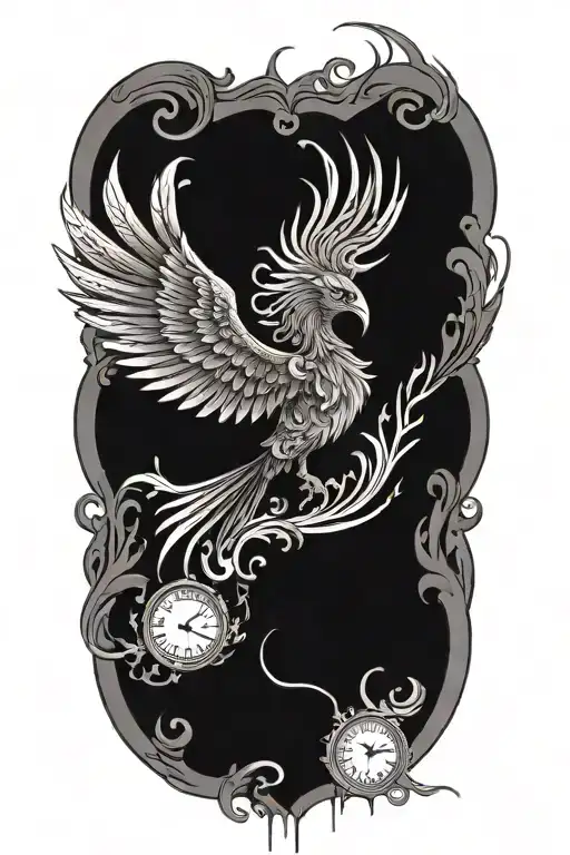 A phoenix made of intricate clock hands and timepieces, symbolizing rebirth and eternity tattoo design idea