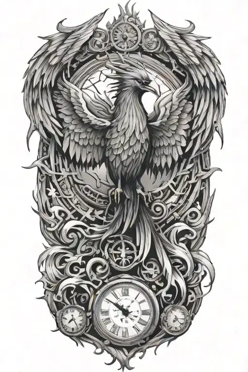 A strong terrifying phoenix made of intricate clock hands, fire and timepieces, symbolizing rebirth and eternity tattoo design idea