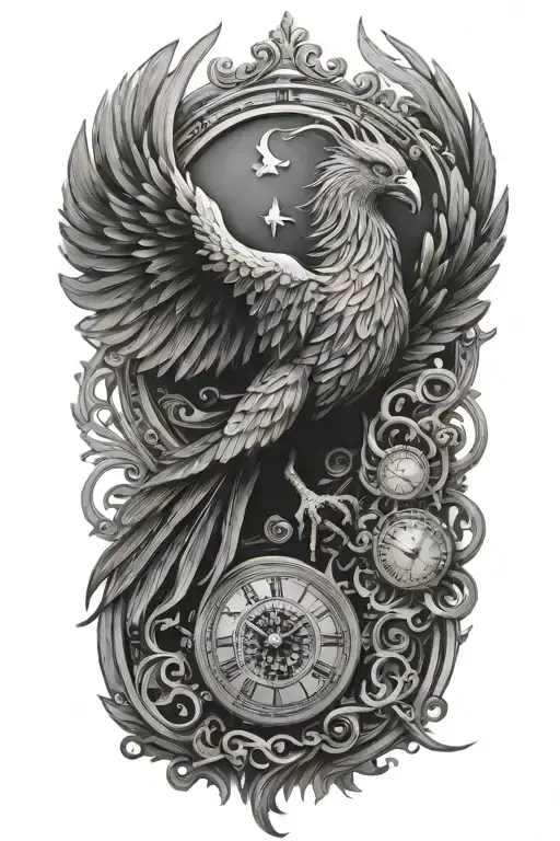 A phoenix made of intricate clock hands and timepieces, symbolizing rebirth and eternity tattoo design idea