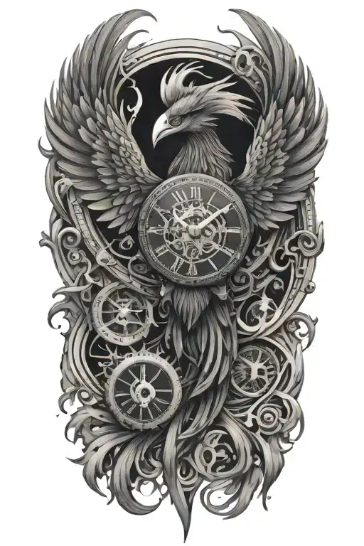 A strong terrifying phoenix made of intricate clock hands, fire and timepieces, symbolizing rebirth and eternity tattoo design idea