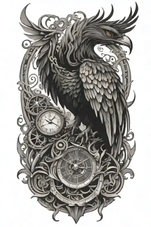 A phoenix made of intricate clock hands and timepieces, symbolizing rebirth and eternity tattoo design idea