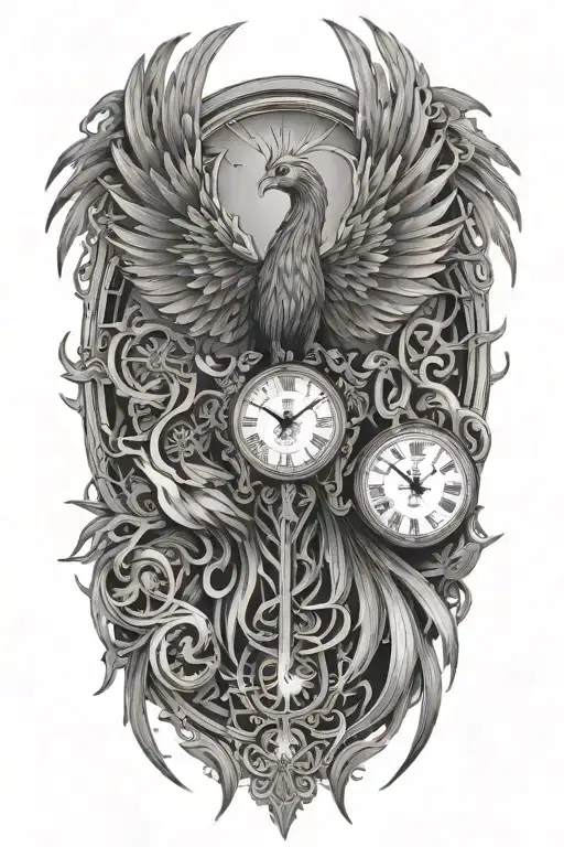 A strong terrifying phoenix made of intricate clock hands, fire and timepieces, symbolizing rebirth and eternity tattoo design idea