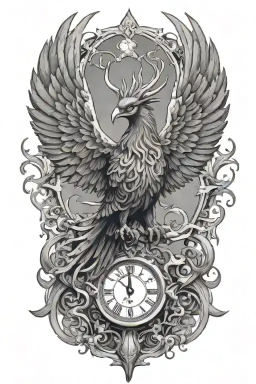 A strong terrifying phoenix made of intricate clock hands, fire and timepieces, symbolizing rebirth and eternity tattoo design idea