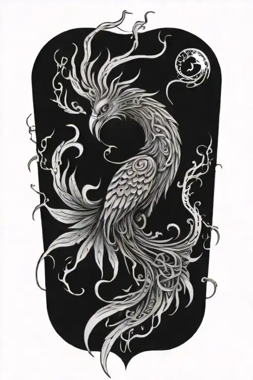 A strong terrifying phoenix made of intricate clock hands, fire and timepieces, symbolizing rebirth and eternity tattoo design idea