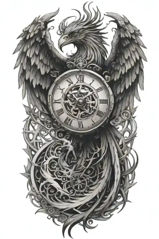 A strong terrifying phoenix made of intricate clock hands, fire and timepieces, symbolizing rebirth and eternity tattoo design idea