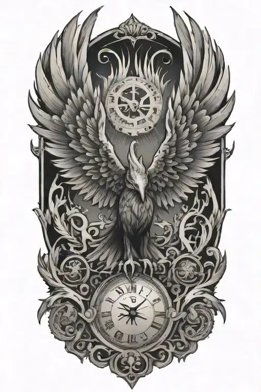 A strong terrifying phoenix made of intricate clock hands, fire and timepieces, symbolizing rebirth and eternity tattoo design idea