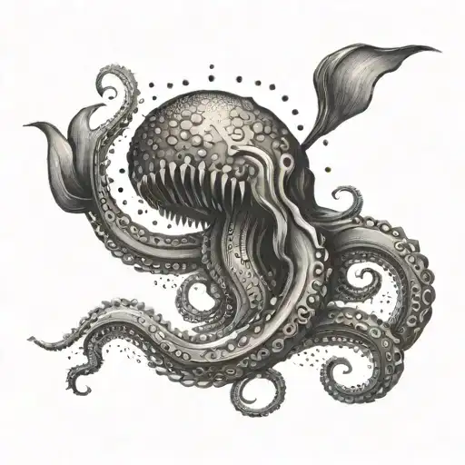 Create a tattoo of a Kraken emerging from the ocean waves, symbolizing strength and overcoming challenges tattoo design idea