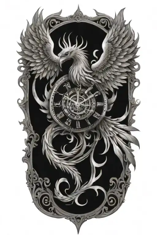 A strong terrifying phoenix made of intricate clock hands and timepieces, symbolizing rebirth and eternity tattoo design idea