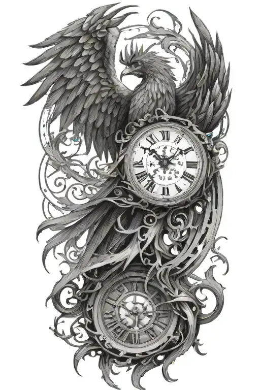 A a terrifying phoenix made of intricate clock hands and timepieces, symbolizing rebirth and eternity tattoo design idea