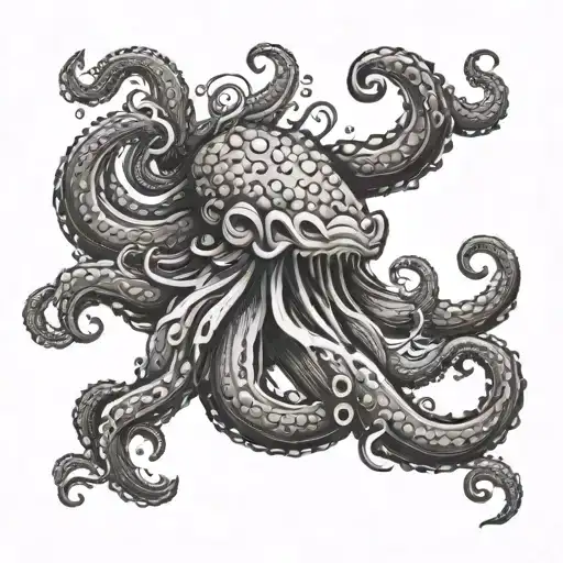Create a tattoo of a Kraken emerging from the ocean waves, symbolizing strength and overcoming challenges tattoo design idea