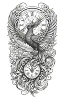 A phoenix made of intricate clock hands and timepieces, symbolizing rebirth and eternity tattoo design idea
