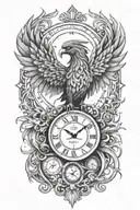 A phoenix made of intricate clock hands and timepieces, symbolizing rebirth and eternity tattoo design idea