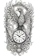 A phoenix made of intricate clock hands and timepieces, symbolizing rebirth and eternity tattoo design idea