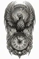A strong terrifying phoenix made of intricate clock hands, fire and timepieces, symbolizing rebirth and eternity tattoo design idea
