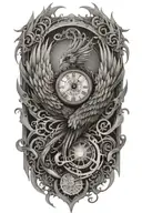 A strong terrifying phoenix made of intricate clock hands, fire and timepieces, symbolizing rebirth and eternity tattoo design idea