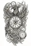 A phoenix made of intricate clock hands and timepieces, symbolizing rebirth and eternity tattoo design idea