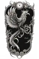 A phoenix made of intricate clock hands and timepieces, symbolizing rebirth and eternity tattoo design idea