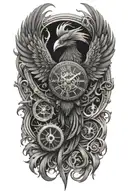A strong terrifying phoenix made of intricate clock hands, fire and timepieces, symbolizing rebirth and eternity tattoo design idea