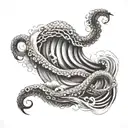 Create a tattoo of a Kraken emerging from the ocean waves, symbolizing strength and overcoming challenges tattoo design idea