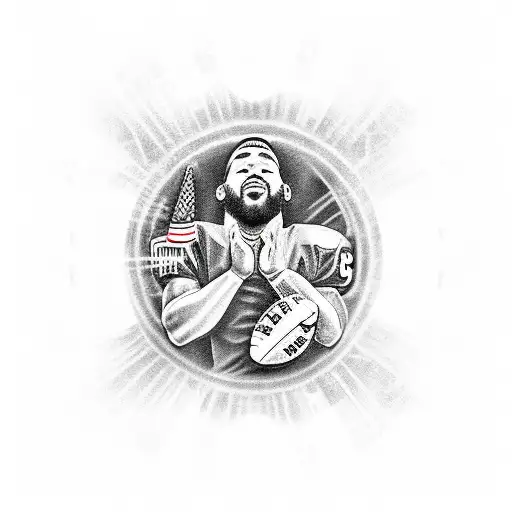 A traditional style tattoo of a football player kneeling in prayer, with a heavenly backdrop and money falling from the sky, symbolizing the client's gratitude to God for their football career and financial blessings tattoo design idea