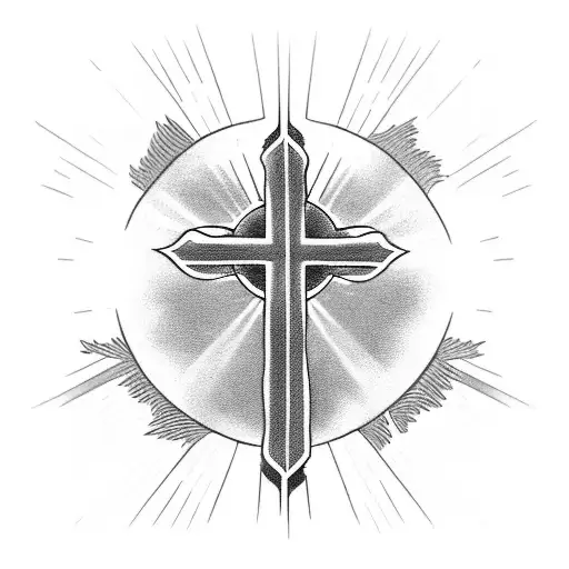 A cross with rays of light shining through, surrounded by the words 'Worthy is the Lamb' tattoo design idea