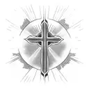 A cross with rays of light shining through, surrounded by the words 'Worthy is the Lamb' tattoo design idea