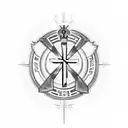 A cross with rays of light shining through, surrounded by the words 'Worthy is the Lamb' tattoo design idea