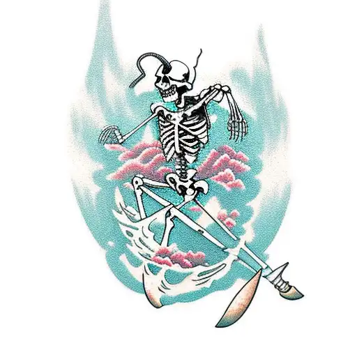 boat, skeleton, reaper, flowers, surfing tattoo design idea