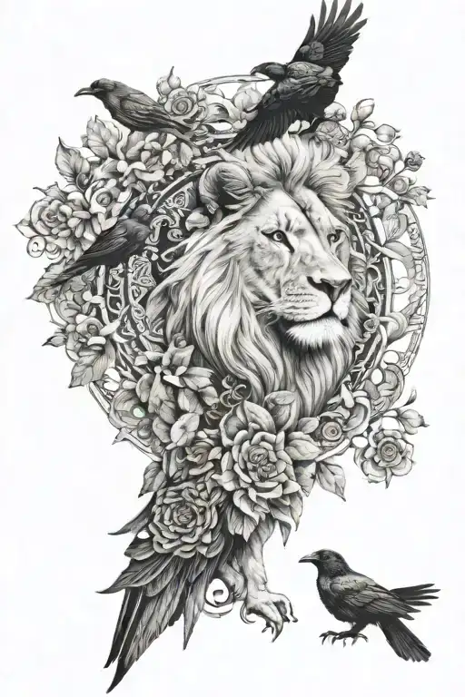 lion mandala forest with ravens tattoo design idea