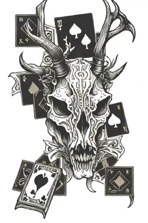 deer skull with horns and playing cards surrounded tattoo design idea