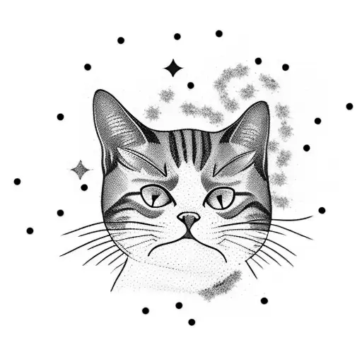 A bartending cat pouring a cocktail with constellations as ingredients tattoo design idea