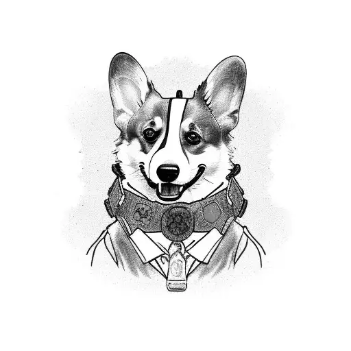 A corgi wearing a horror-themed collar, sitting on a gaming console in a sea of vibrant colors tattoo design idea
