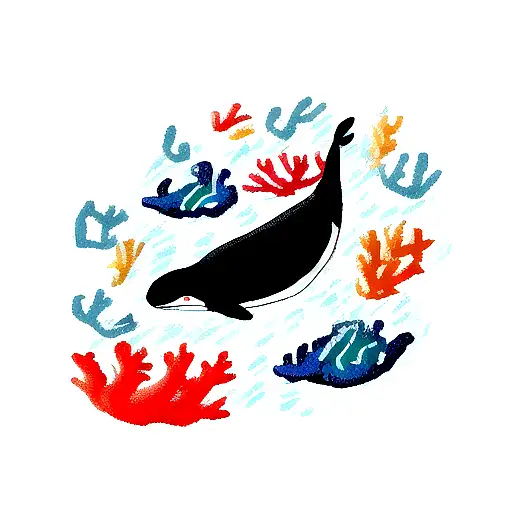 A killer whale swimming through a colorful coral reef filled with gaming symbols tattoo design idea