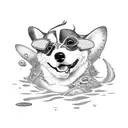 A corgi floating in the sea surrounded by horror-themed sea creatures tattoo design idea