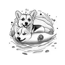 A corgi floating in the sea surrounded by horror-themed sea creatures tattoo design idea