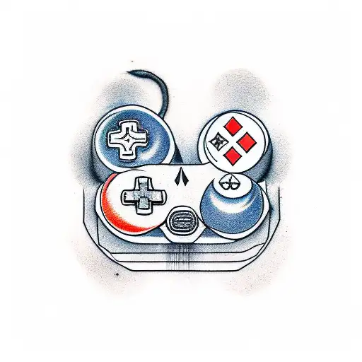 A minimalist design of a video game controller with Chinese ink art elements tattoo design idea