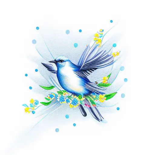 blue bird with flowers tattoo design idea